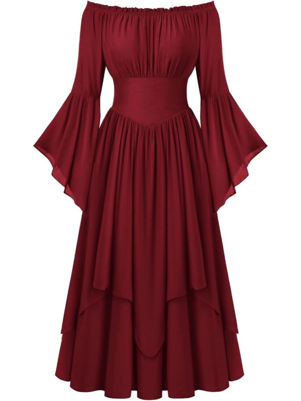 Women's Dark Red Renaissance Maxi Dress Off Shoulder Bell Long Sleeve Halloween